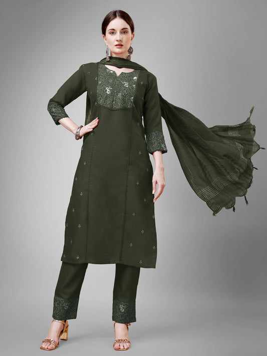 Women Cotton Blend Embroidery Work Stitched Dark Green Kurti Set With Silk Blend Multicolor Dupatta