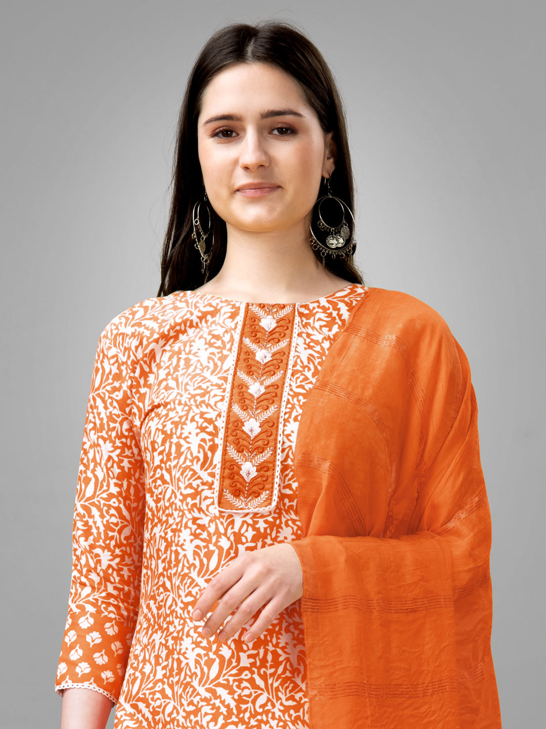 Women Rayon Embroidery Work Stitched Orange Kurti Set With Silk Blend Multicolor Dupatta