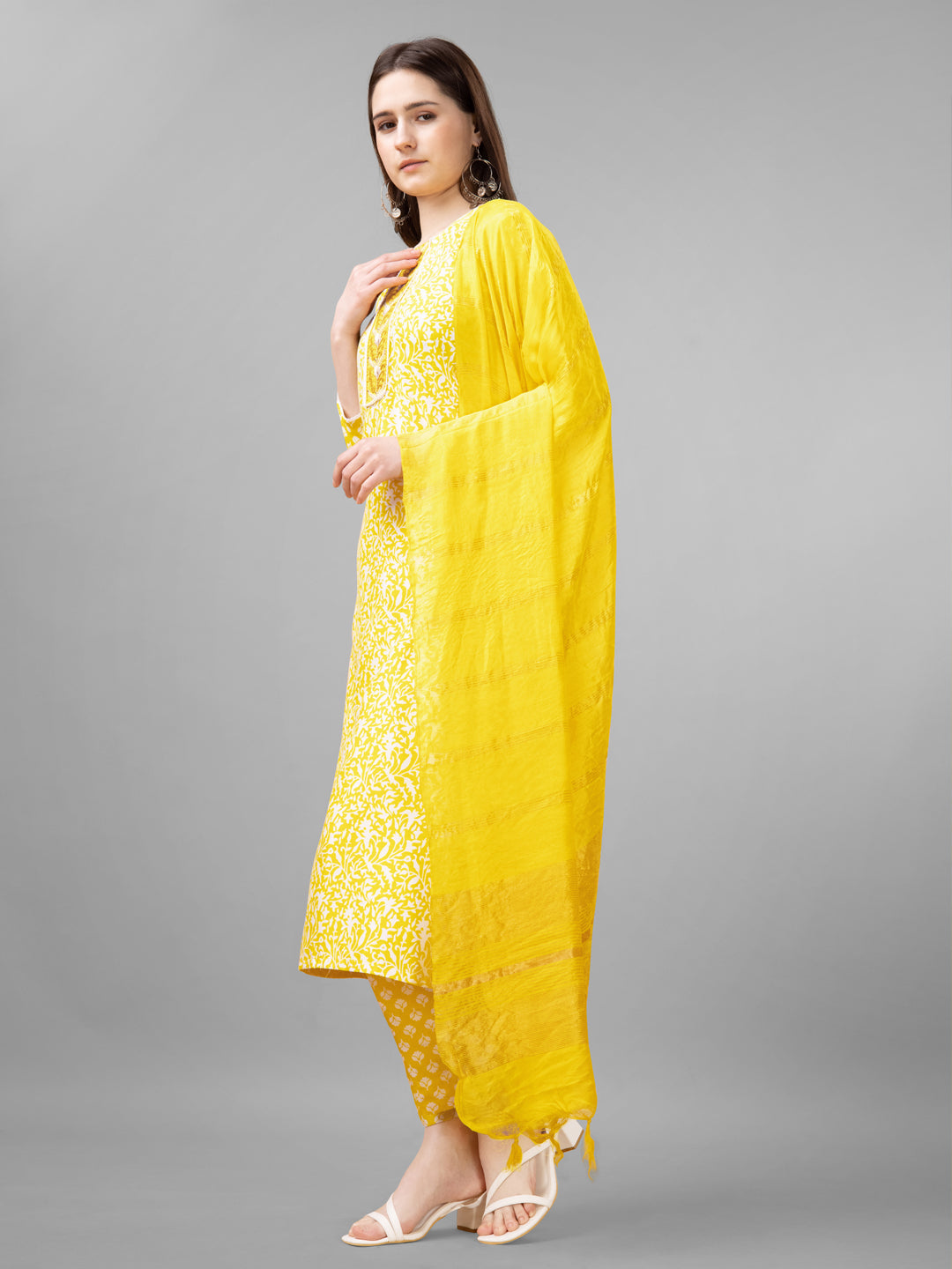 Women Rayon Embroidery Work Stitched Yellow Kurti Set With Silk Blend Multicolor Dupatta