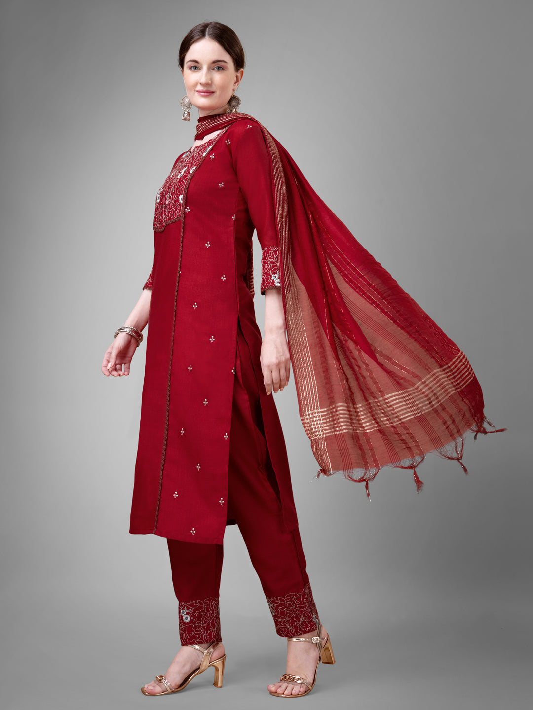 Women Cotton Blend Embroidery Work Stitched Maroon Kurti Set With Silk Blend Multicolor Dupatta