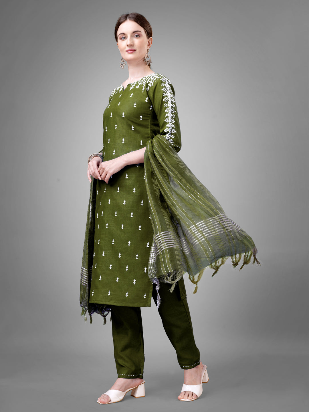 Women Cotton Blend Embroidery Work Stitched Mehendi Kurti Set With Silk Blend Multicolor Dupatta