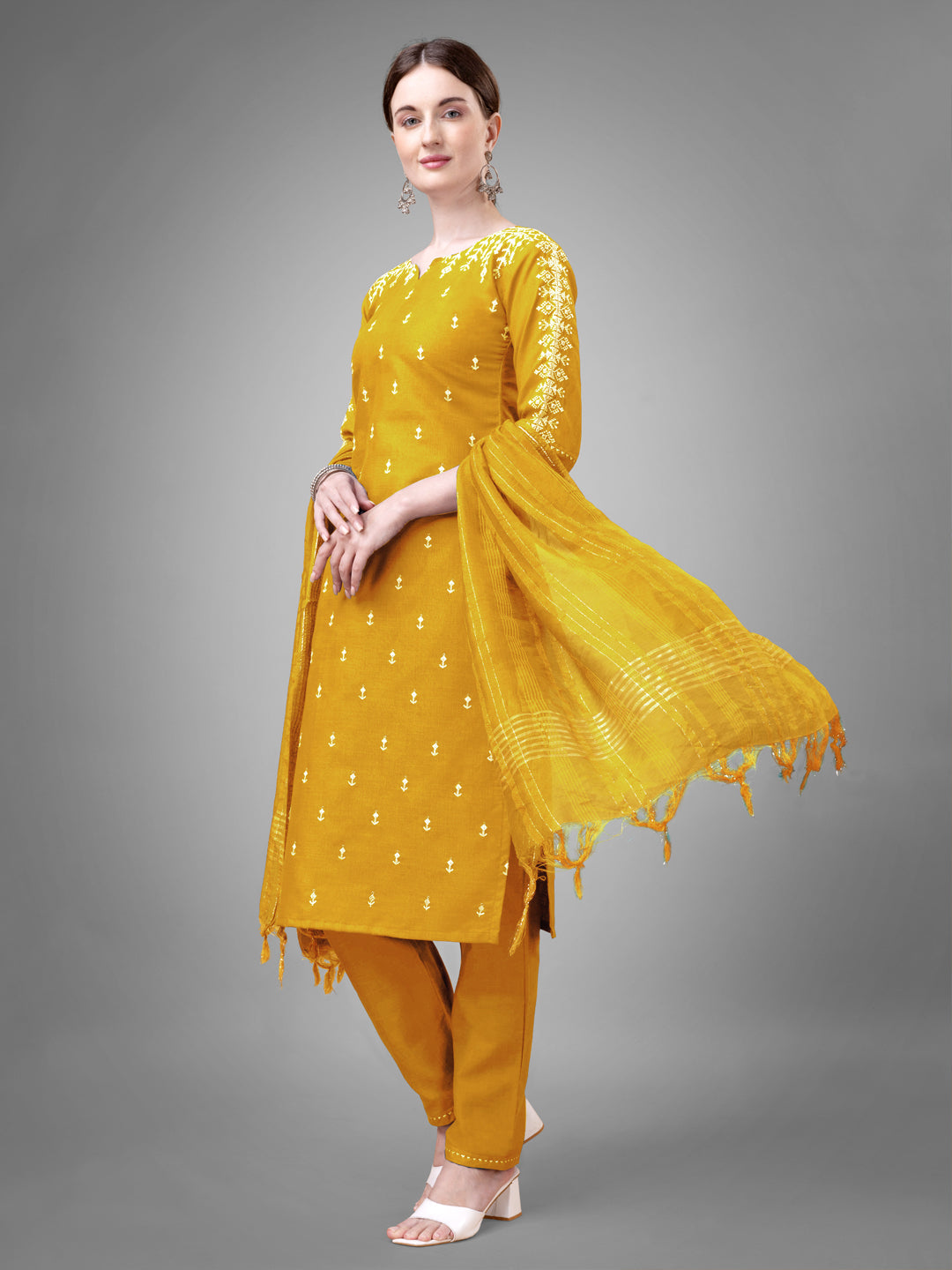 Women Cotton Blend Embroidery Work Stitched Yellow Kurti Set With Silk Blend Multicolor Dupatta