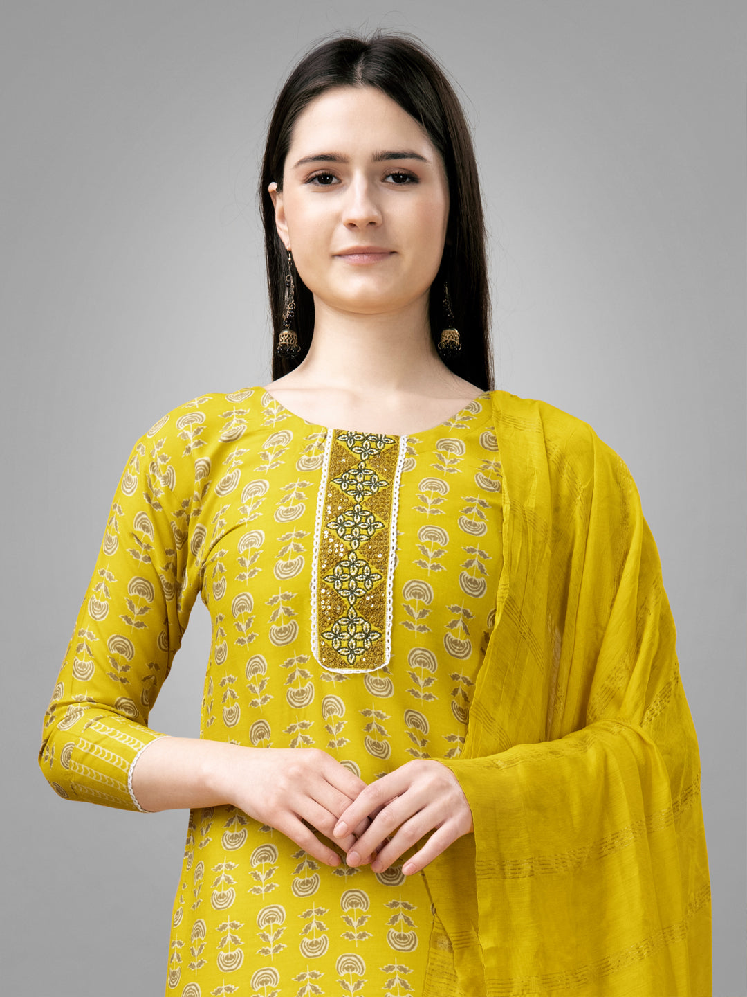 Women Rayon Embroidery Work Stitched Yellow Kurti Set With Silk Blend Multicolor Dupatta