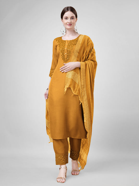 Women Cotton Blend Embroidery Work Stitched Yellow Kurti Set With Silk Blend Multicolor Dupatta