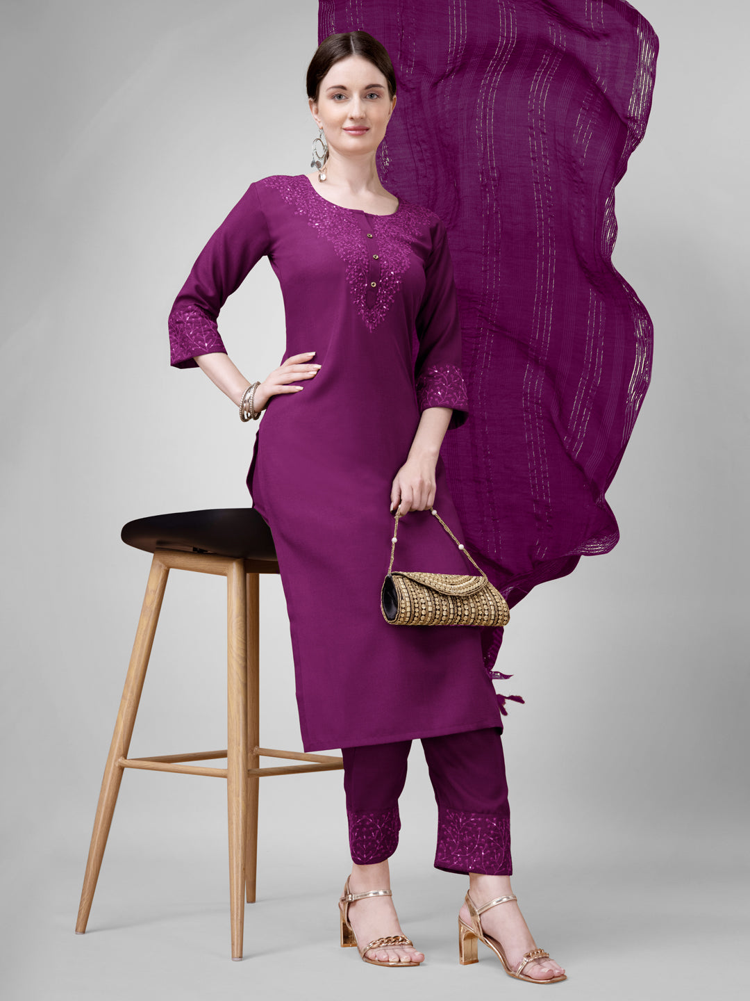 Women Cotton Blend Embroidery Work Stitched Purple Kurti Set With Silk Blend Multicolor Dupatta