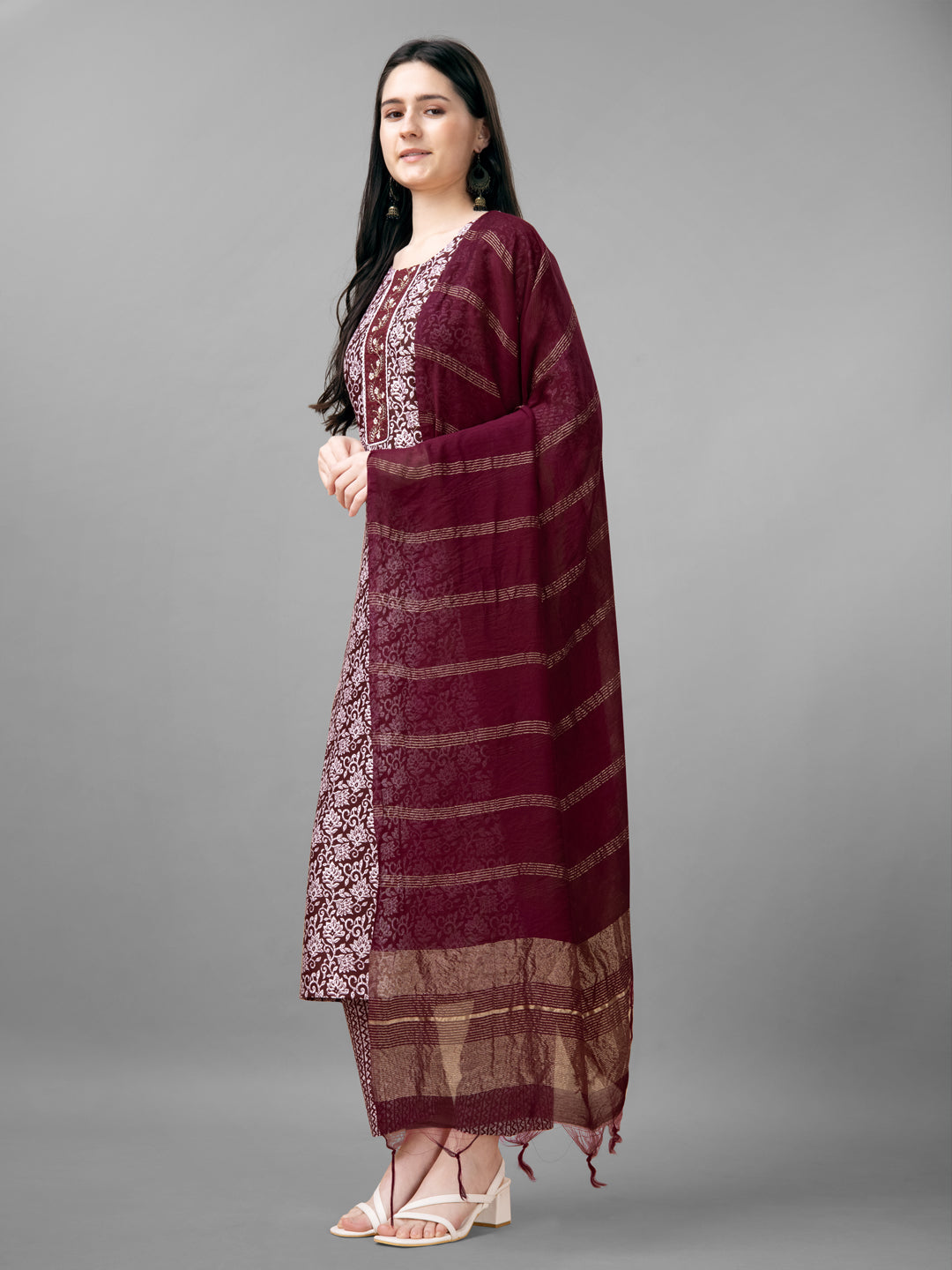 Women Rayon Embroidery Work Stitched Maroon Kurti Set With Silk Blend Multicolor Dupatta