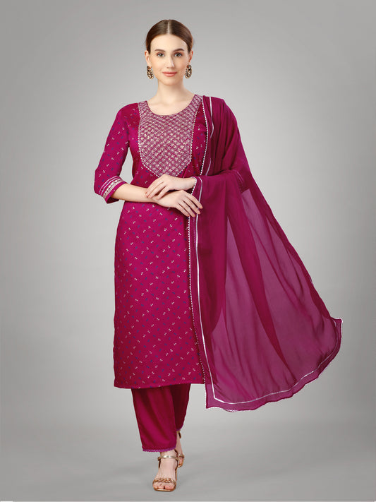 Women Silk Blend Embroidery Work Stitched Pink Kurti Set With Silk Blend Multicolor Dupatta