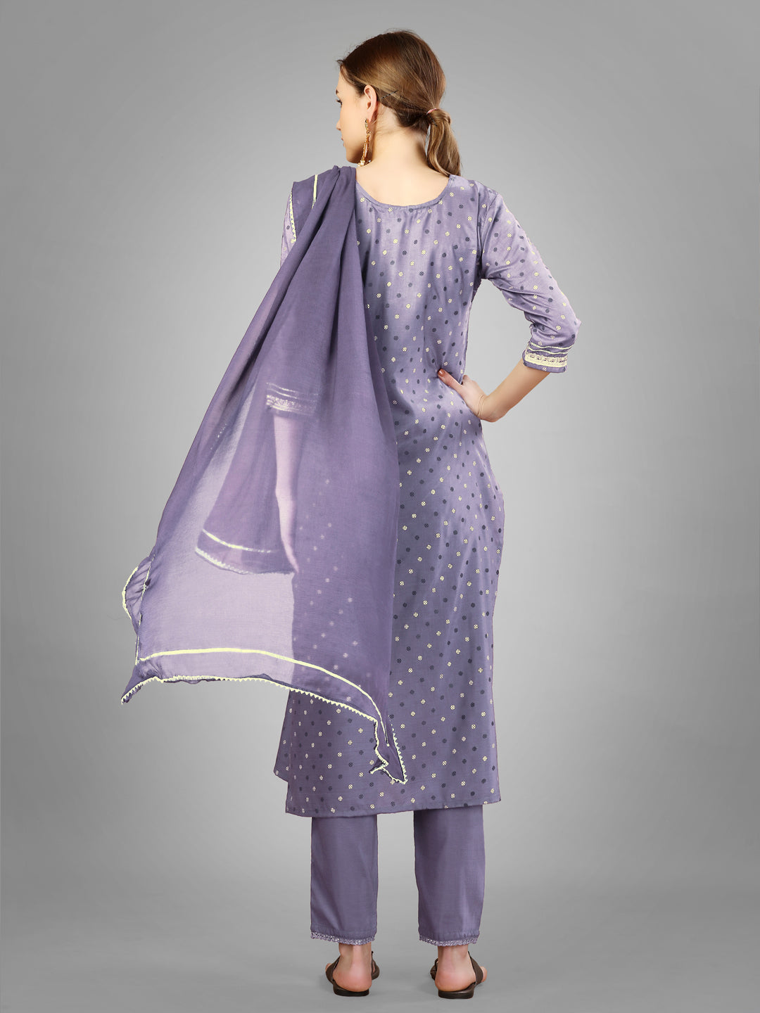 Women Silk Blend Embroidery Work Stitched Lavendar Kurti Set With Silk Blend Multicolor Dupatta