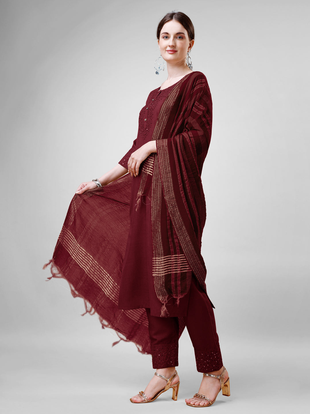 Women Cotton Blend Embroidery Work Stitched Maroon Kurti Set With Silk Blend Multicolor Dupatta