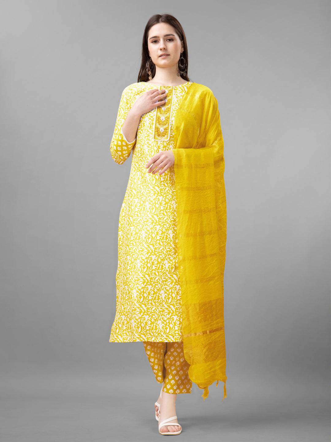 Women Rayon Embroidery Work Stitched Yellow Kurti Set With Silk Blend Multicolor Dupatta