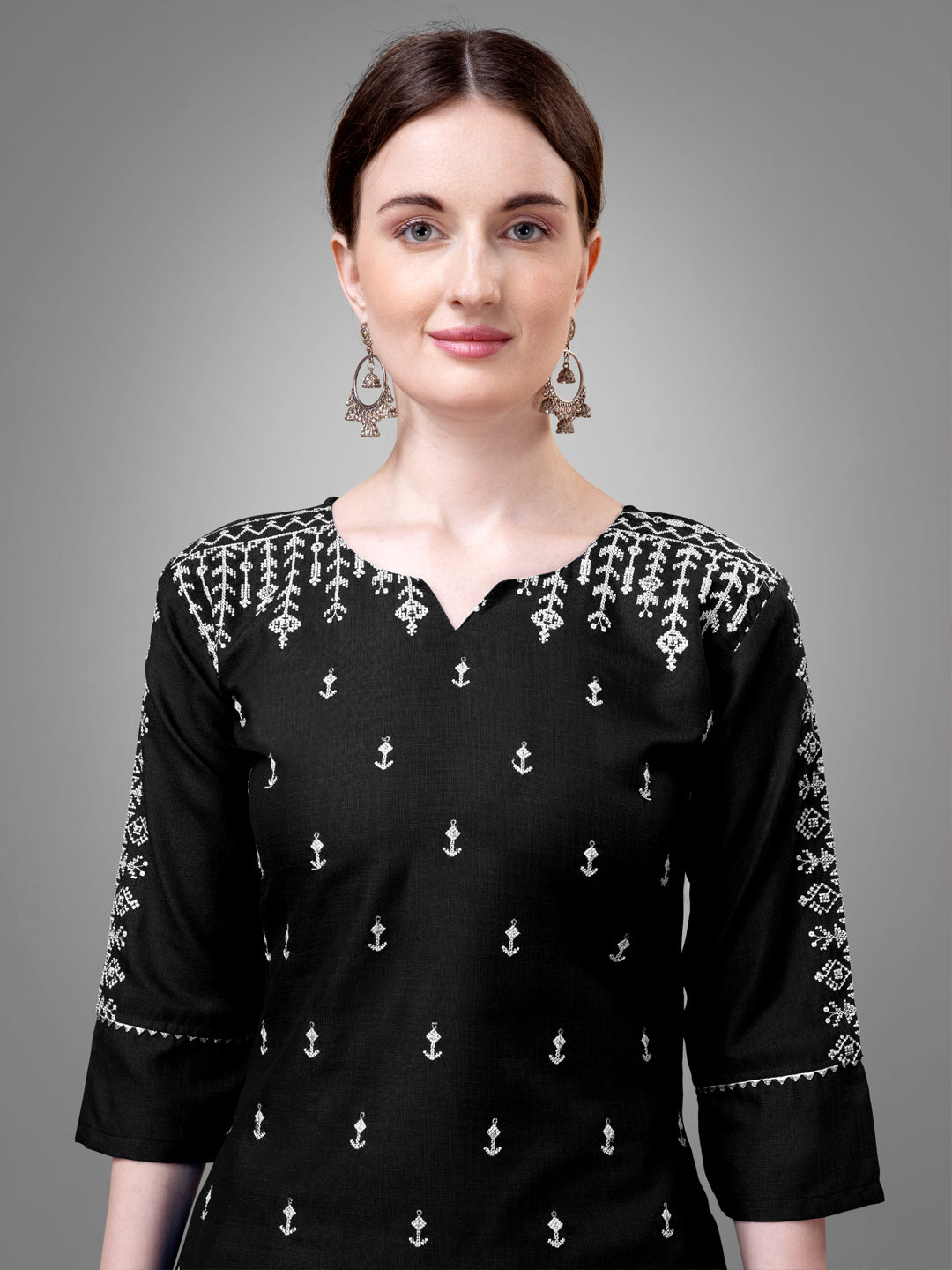 Women Cotton Blend Embroidery Work Stitched Black Kurti Set With Silk Blend Multicolor Dupatta