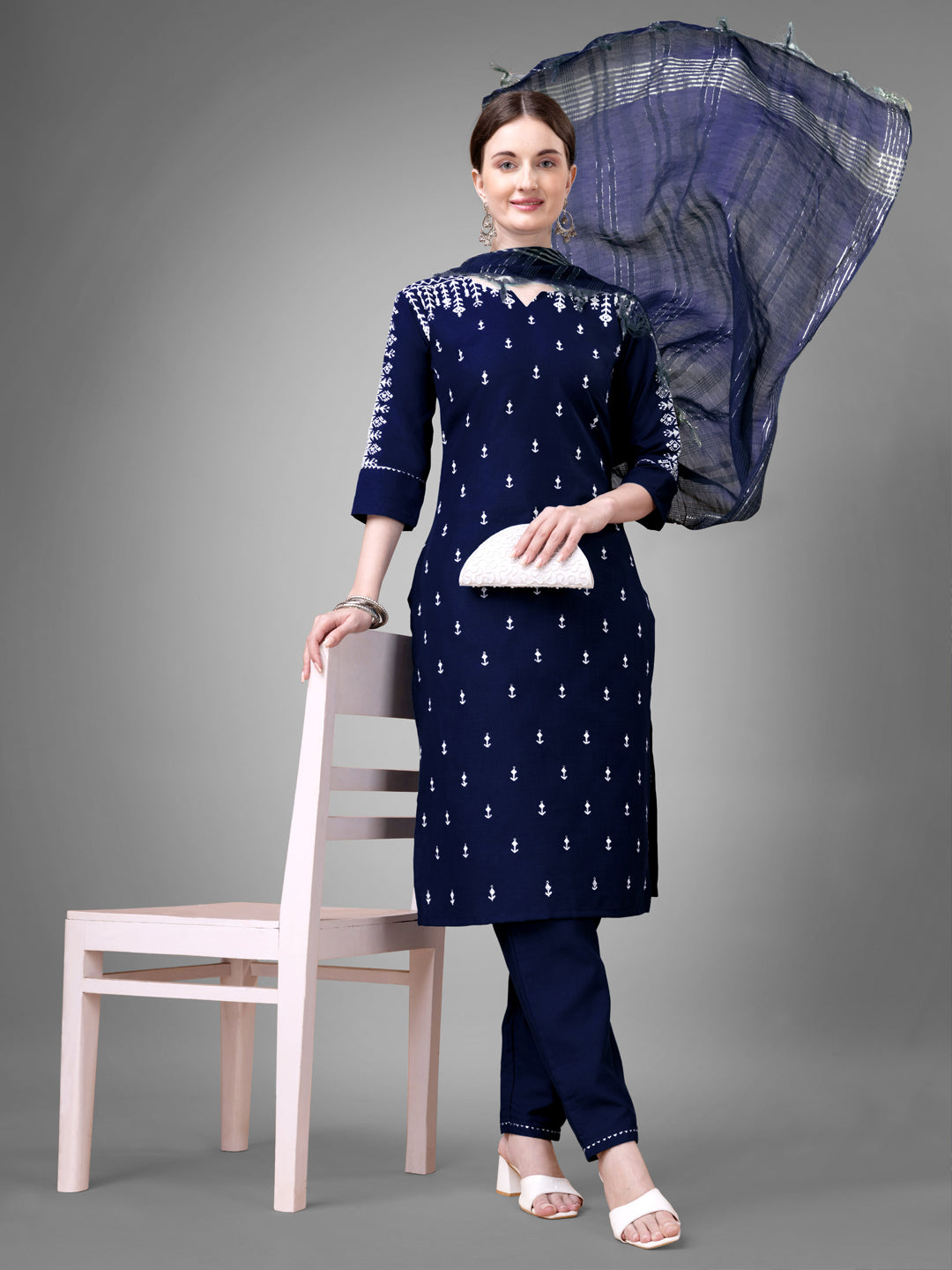 Women Cotton Blend Embroidery Work Stitched Navy Blue Kurti Set With Silk Blend Multicolor Dupatta