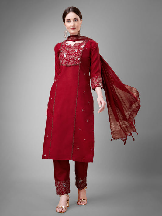 Women Cotton Blend Embroidery Work Stitched Maroon Kurti Set With Silk Blend Multicolor Dupatta