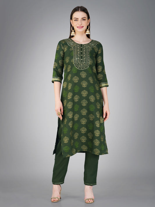 Women Cotton Blend Embroidery Work Stitched Dark Green Kurti Set With Silk Blend Multicolor Dupatta