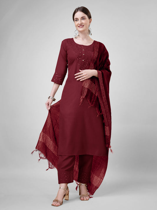 Women Cotton Blend Embroidery Work Stitched Maroon Kurti Set With Silk Blend Multicolor Dupatta