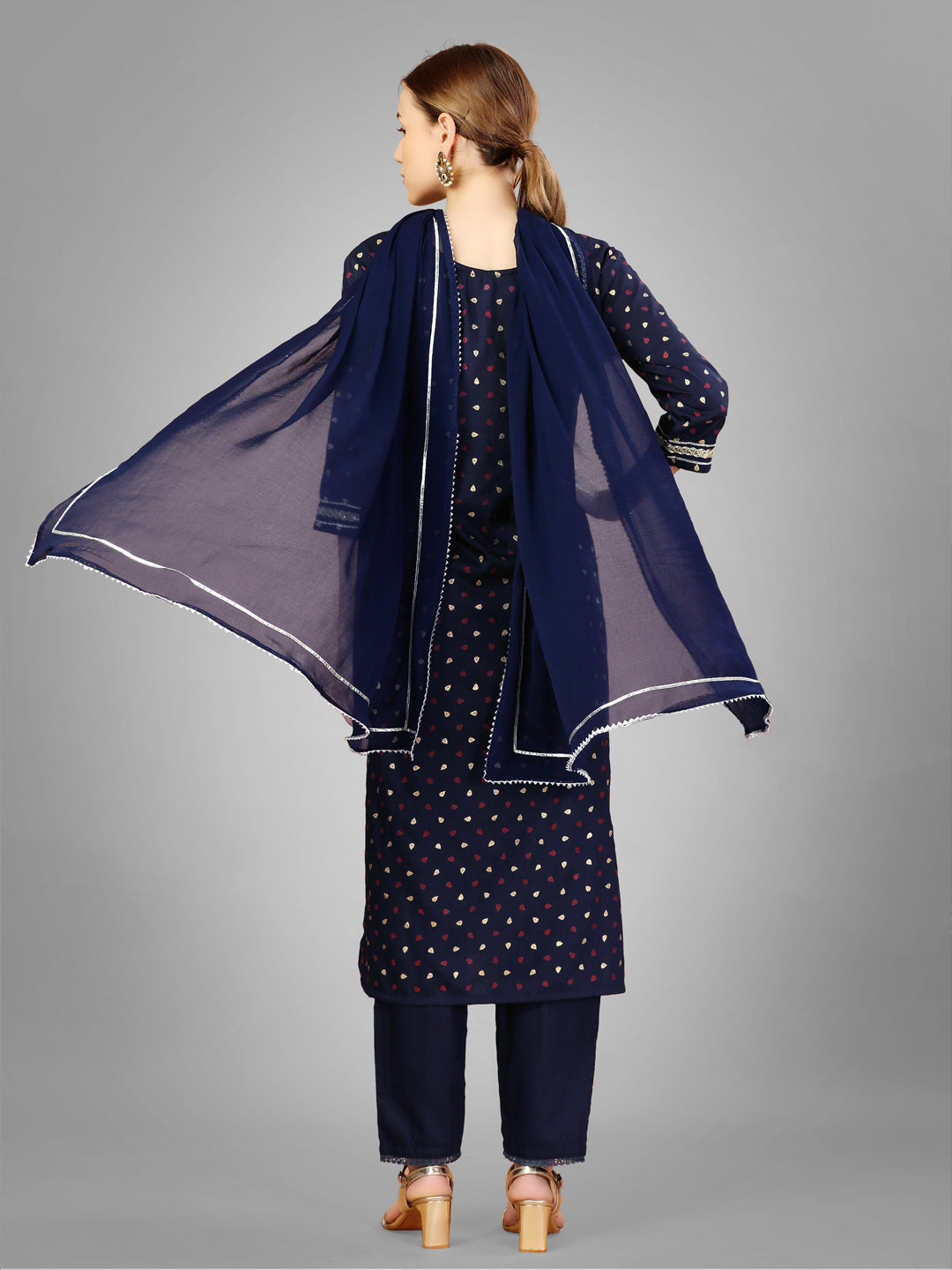 Women Silk Blend Embroidery Work Stitched Navy Blue Kurti Set With Silk Blend Multicolor Dupatta