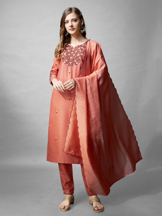 Women Cotton Blend Embroidery Work Stitched Coral Kurti Set With Silk Blend Multicolor Dupatta