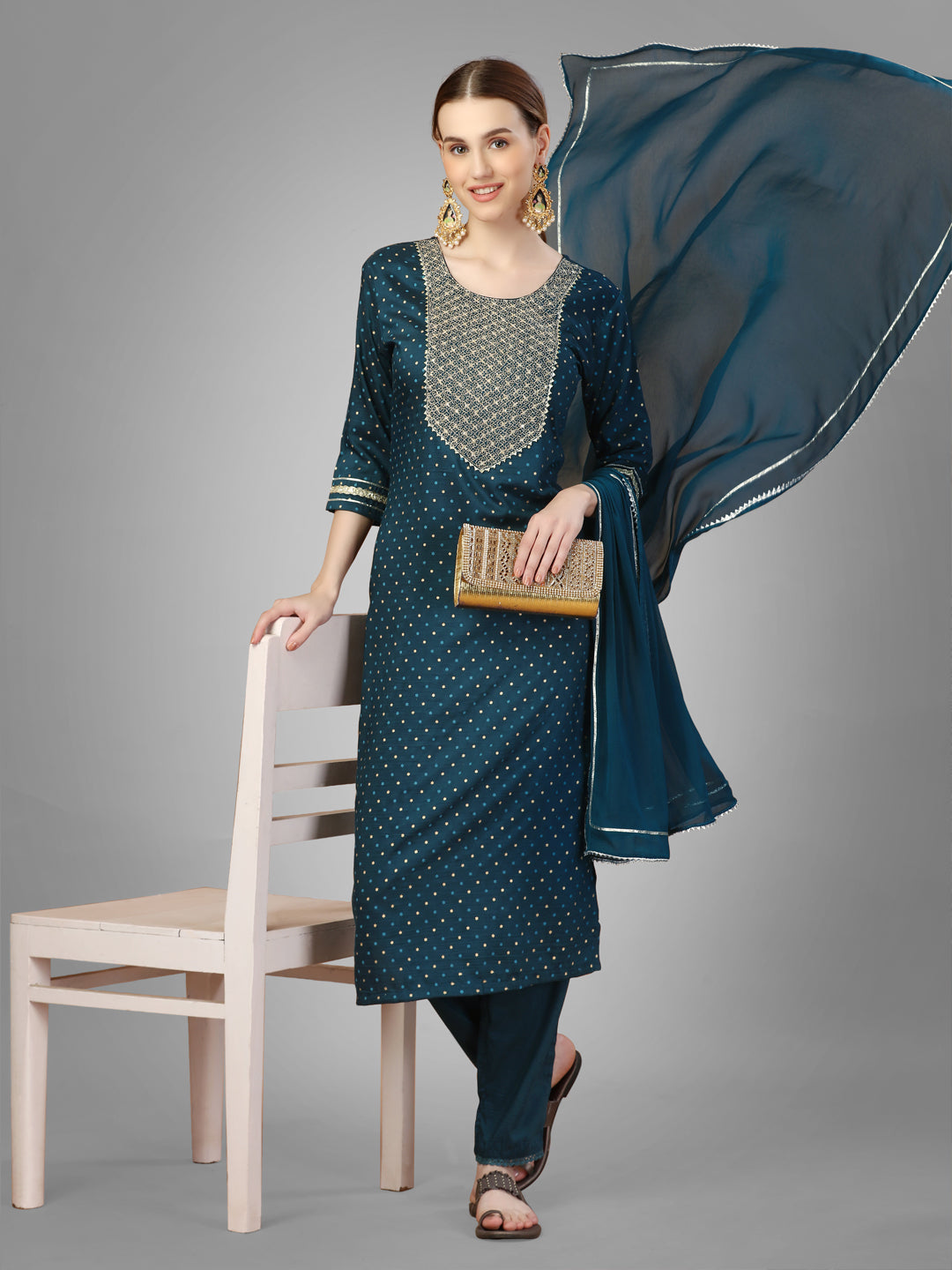 Women Silk Blend Embroidery Work Stitched Morpich Kurti Set With Silk Blend Multicolor Dupatta