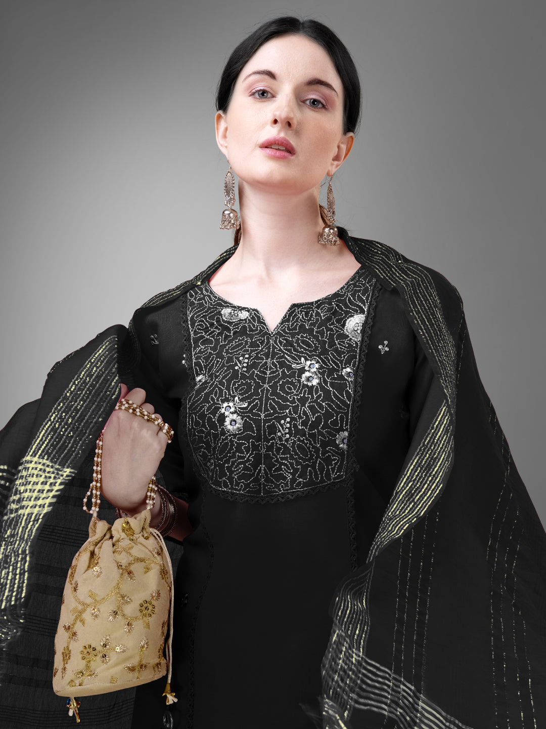 Women Cotton Blend Embroidery Work Stitched Black Kurti Set With Silk Blend Multicolor Dupatta