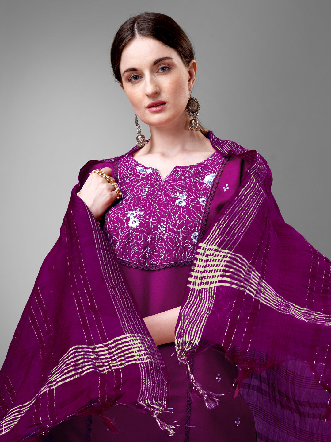 Women Cotton Blend Embroidery Work Stitched Purple Kurti Set With Silk Blend Multicolor Dupatta