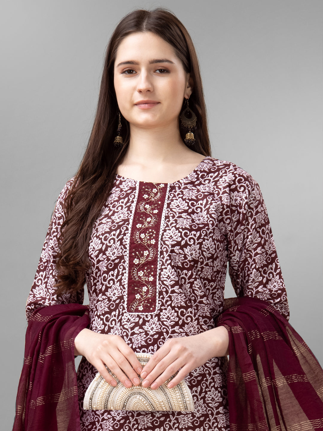 Women Rayon Embroidery Work Stitched Maroon Kurti Set With Silk Blend Multicolor Dupatta