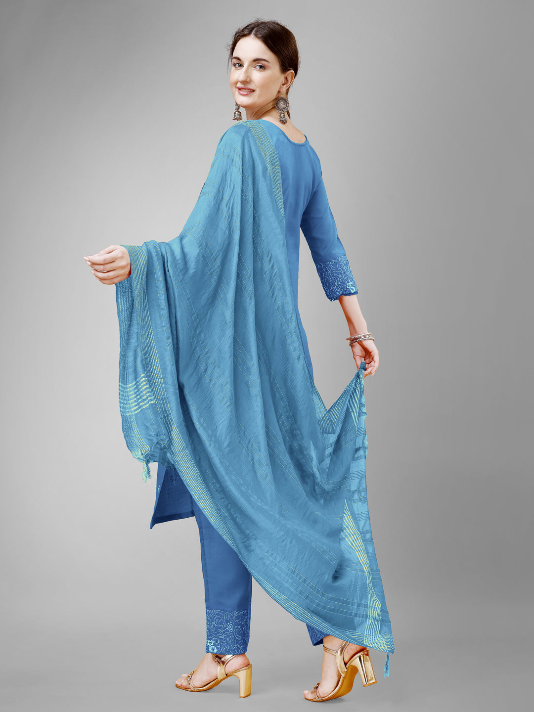 Women Cotton Blend Embroidery Work Stitched Sky Blue Kurti Set With Silk Blend Multicolor Dupatta