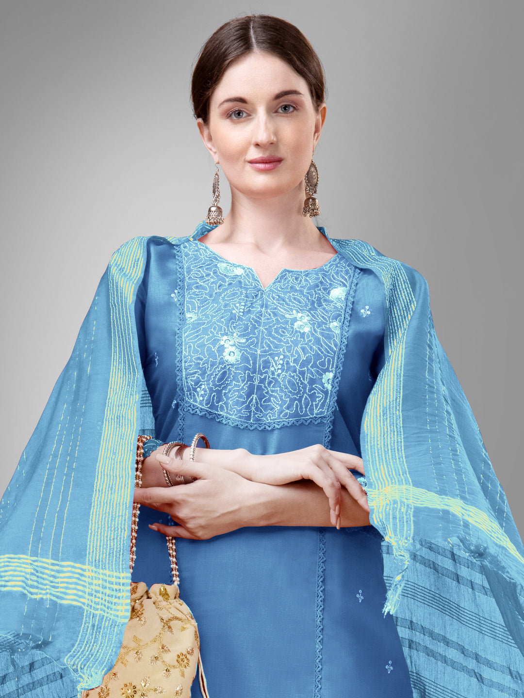 Women Cotton Blend Embroidery Work Stitched Sky Blue Kurti Set With Silk Blend Multicolor Dupatta