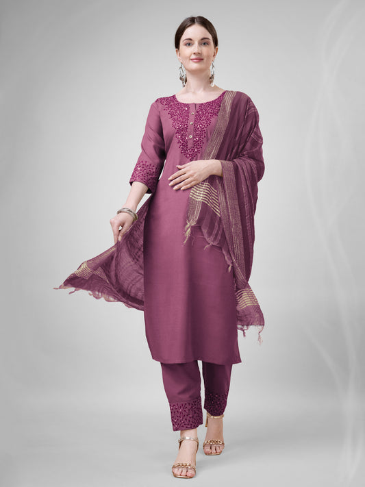 Women Cotton Blend Embroidery Work Stitched Wine Kurti Set With Silk Blend Multicolor Dupatta