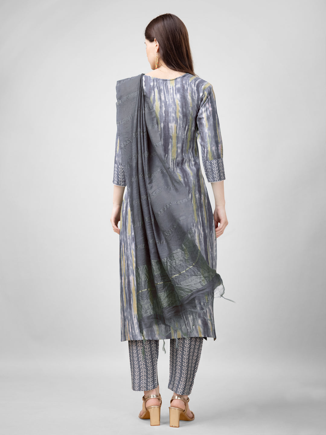 Women Rayon Embroidery Work Stitched Grey Kurti Set With Silk Blend Multicolor Dupatta