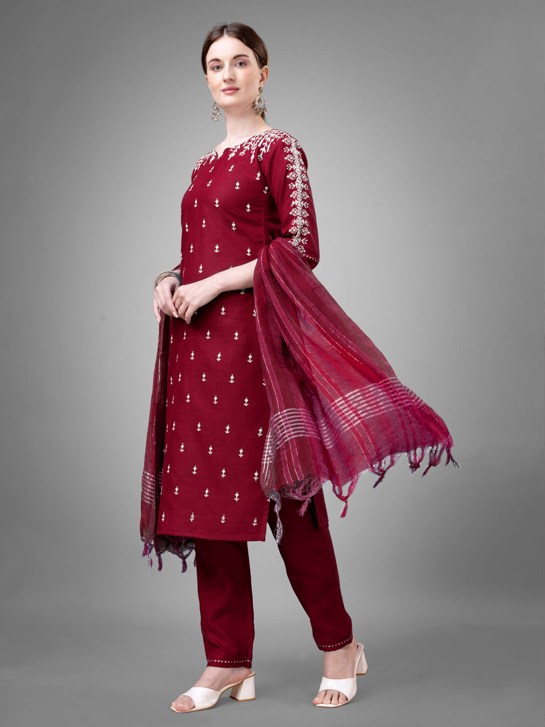 Women Cotton Blend Embroidery Work Stitched Maroon Kurti Set With Silk Blend Multicolor Dupatta