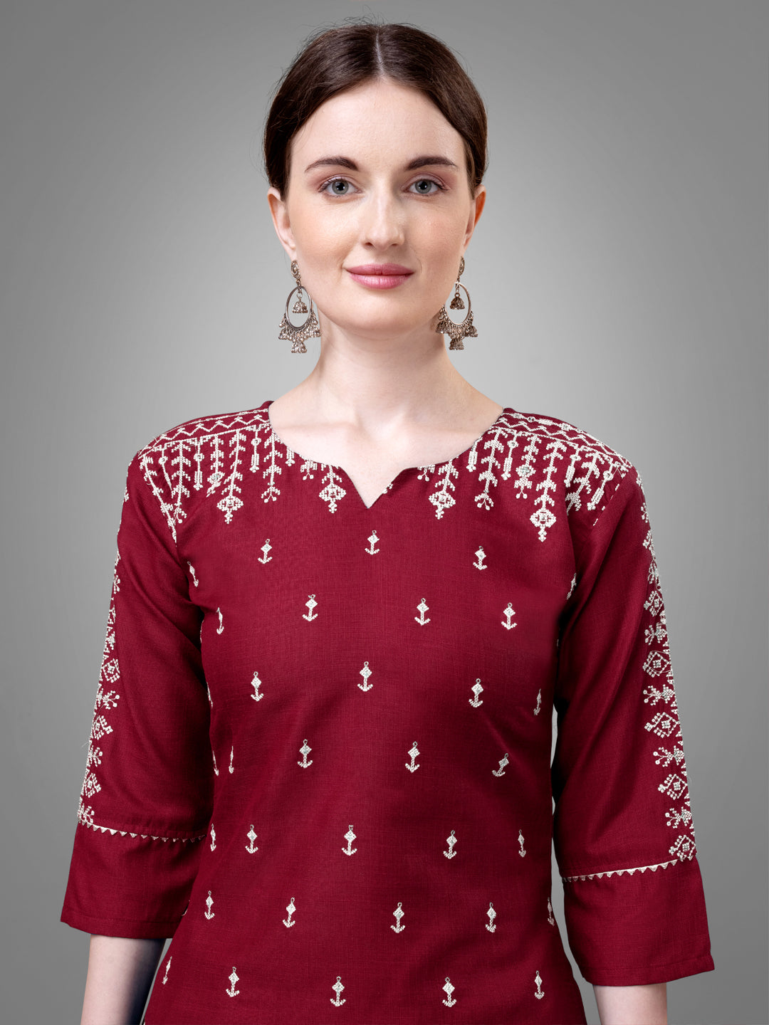 Women Cotton Blend Embroidery Work Stitched Maroon Kurti Set With Silk Blend Multicolor Dupatta