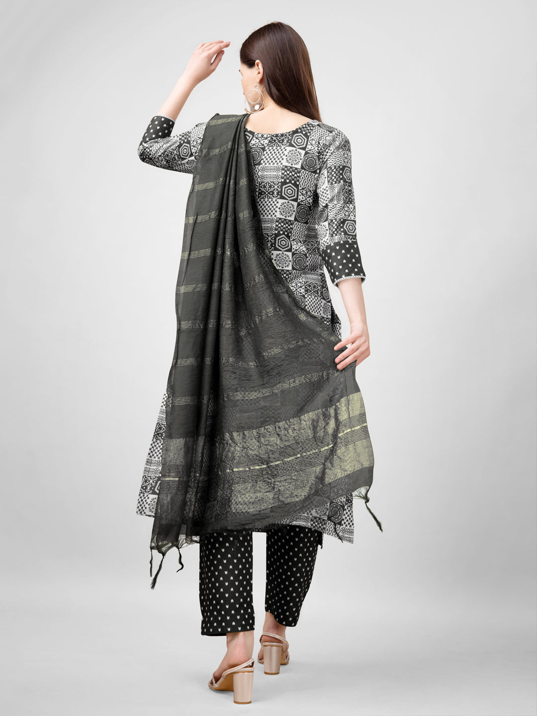 Women Rayon Embroidery Work Stitched Black Kurti Set With Silk Blend Multicolor Dupatta