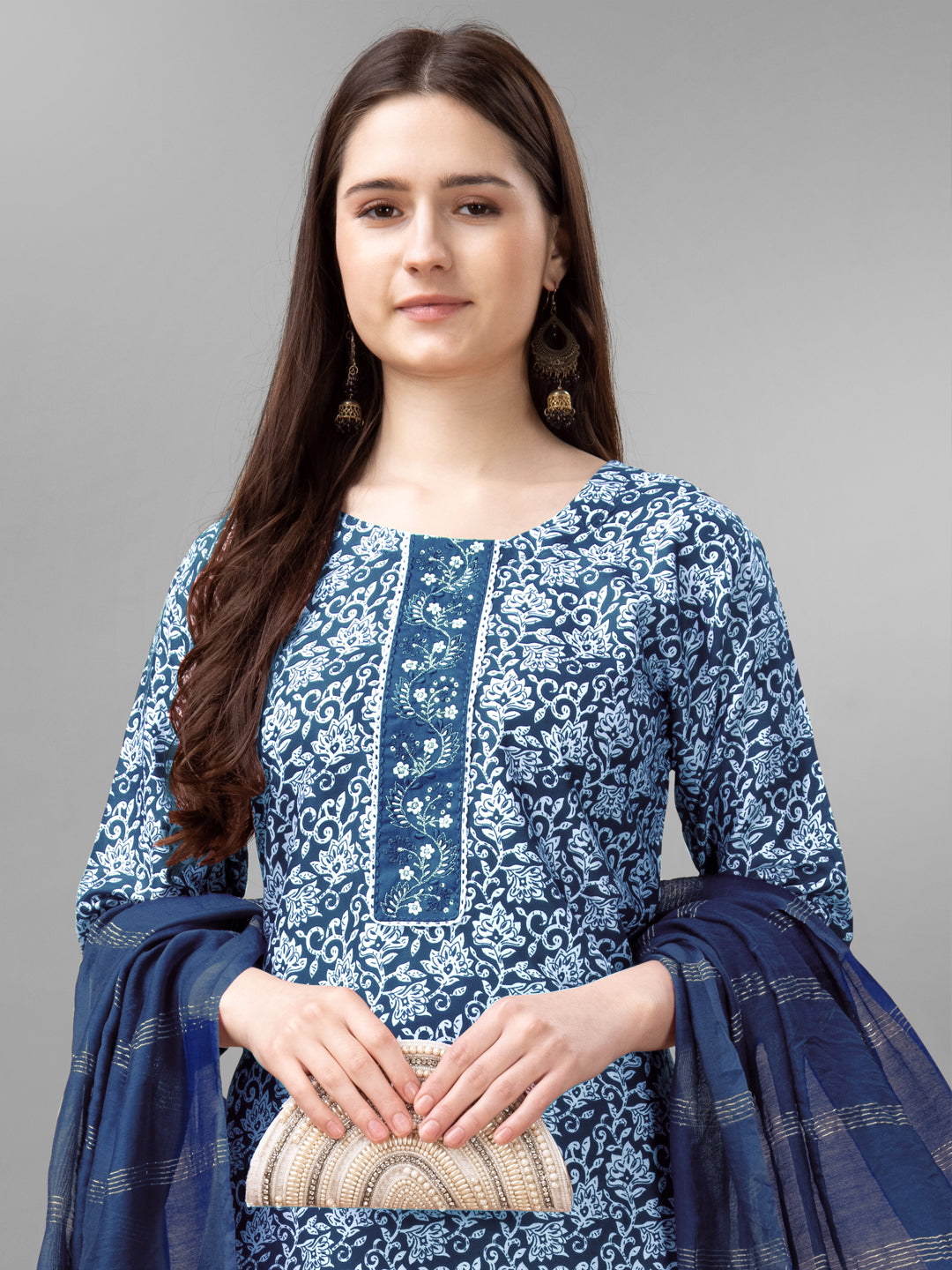 Women Rayon Embroidery Work Stitched Light Blue Kurti Set With Silk Blend Multicolor Dupatta