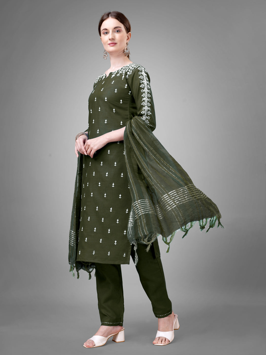 Women Cotton Blend Embroidery Work Stitched Dark Green Kurti Set With Silk Blend Multicolor Dupatta