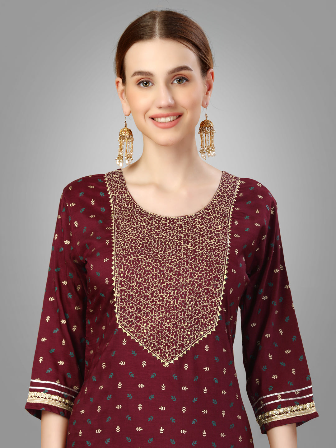 Women Silk Blend Embroidery Work Stitched Maroon Kurti Set With Silk Blend Multicolor Dupatta