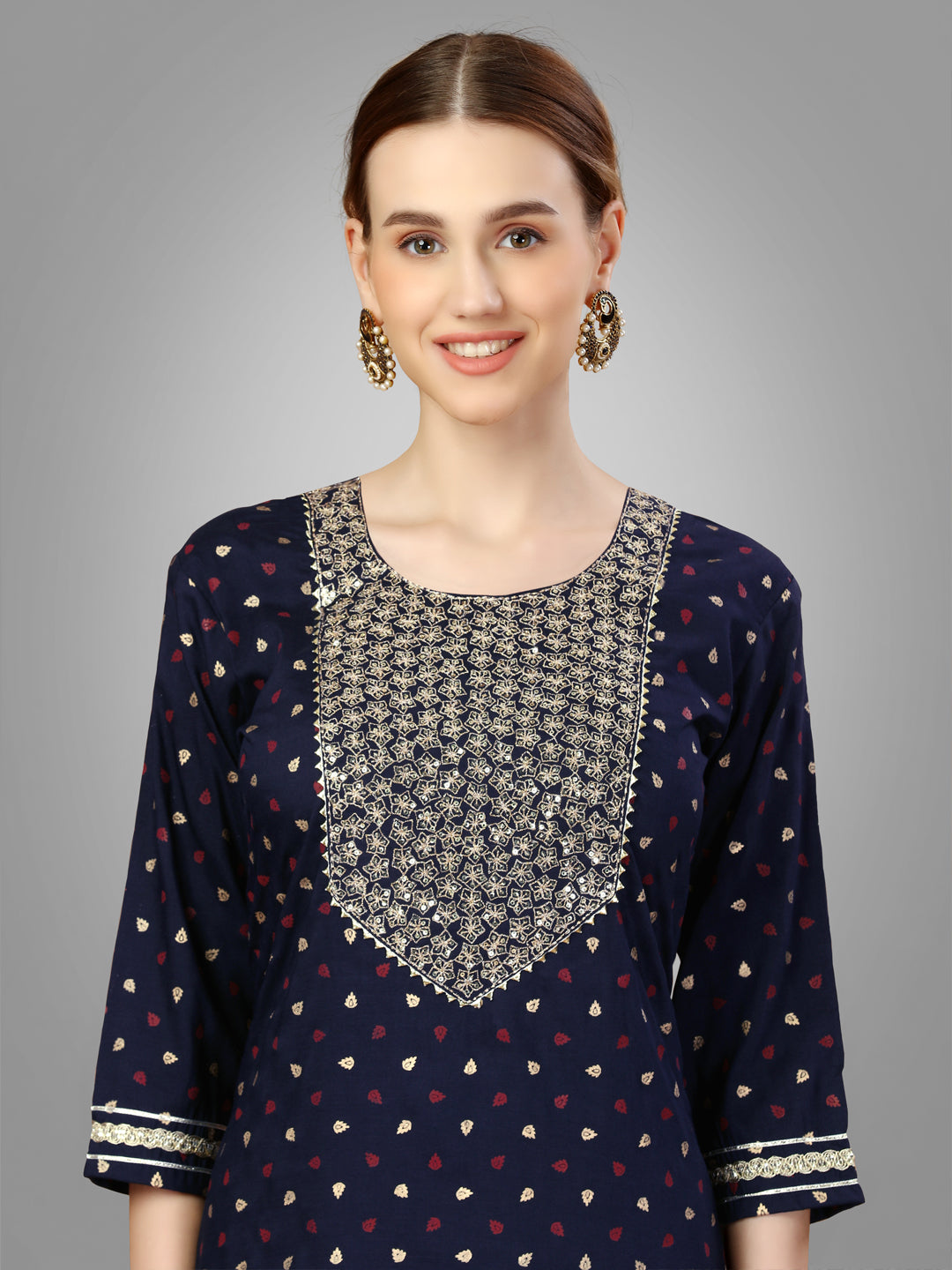 Women Silk Blend Embroidery Work Stitched Navy Blue Kurti Set With Silk Blend Multicolor Dupatta