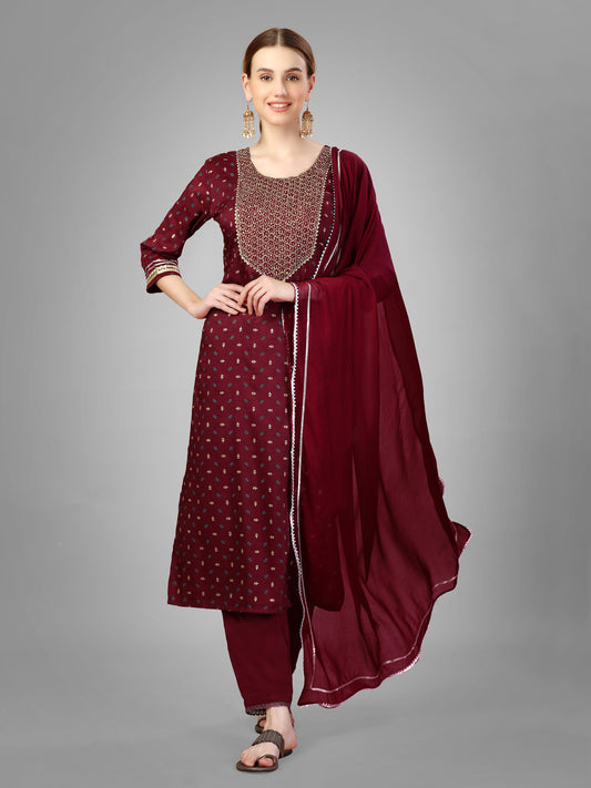 Women Silk Blend Embroidery Work Stitched Maroon Kurti Set With Silk Blend Multicolor Dupatta