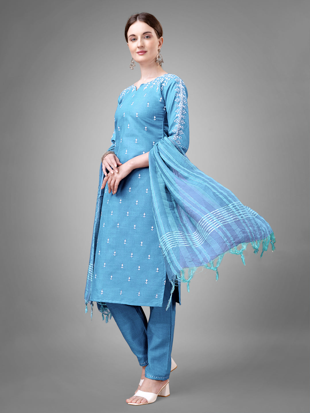 Women Cotton Blend Embroidery Work Stitched Sky Blue Kurti Set With Silk Blend Multicolor Dupatta