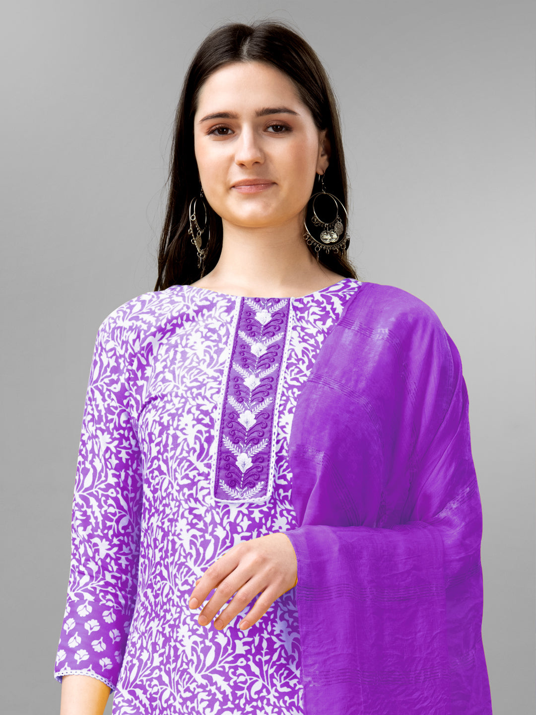 Women Rayon Embroidery Work Stitched Purple Kurti Set With Silk Blend Multicolor Dupatta