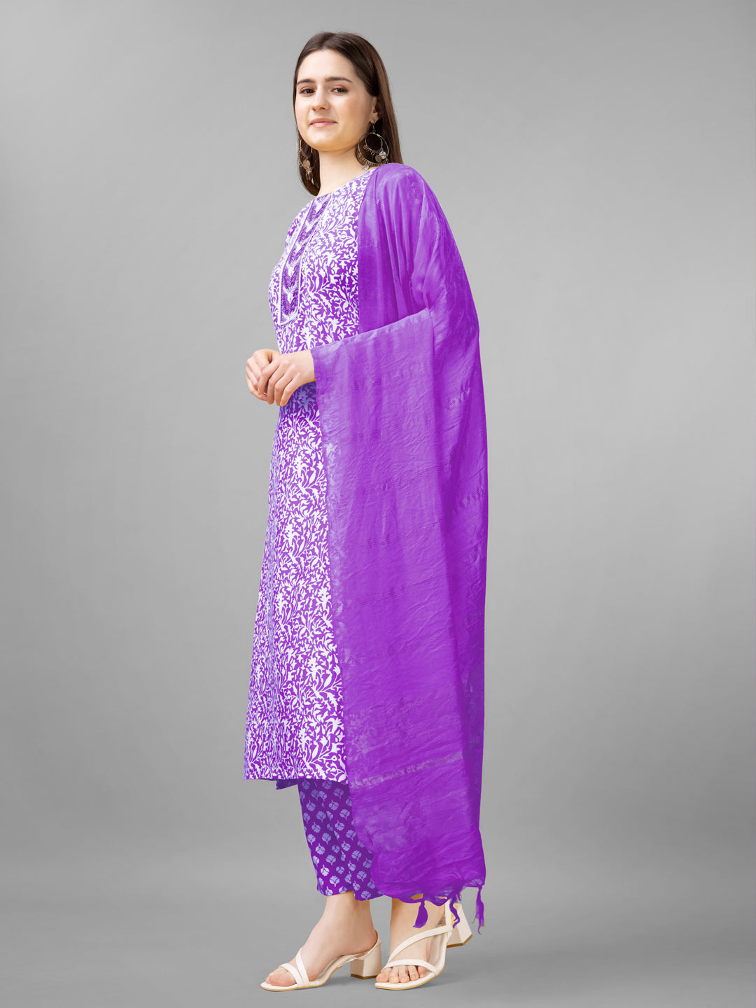 Women Rayon Embroidery Work Stitched Purple Kurti Set With Silk Blend Multicolor Dupatta