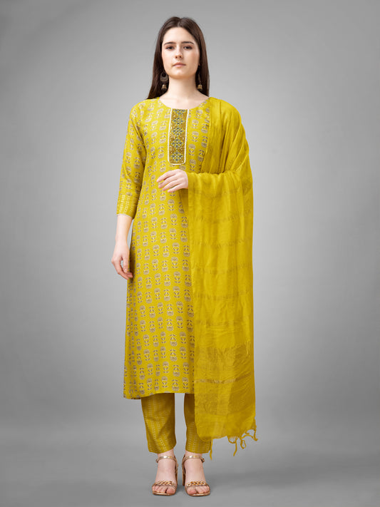 Women Rayon Embroidery Work Stitched Yellow Kurti Set With Silk Blend Multicolor Dupatta