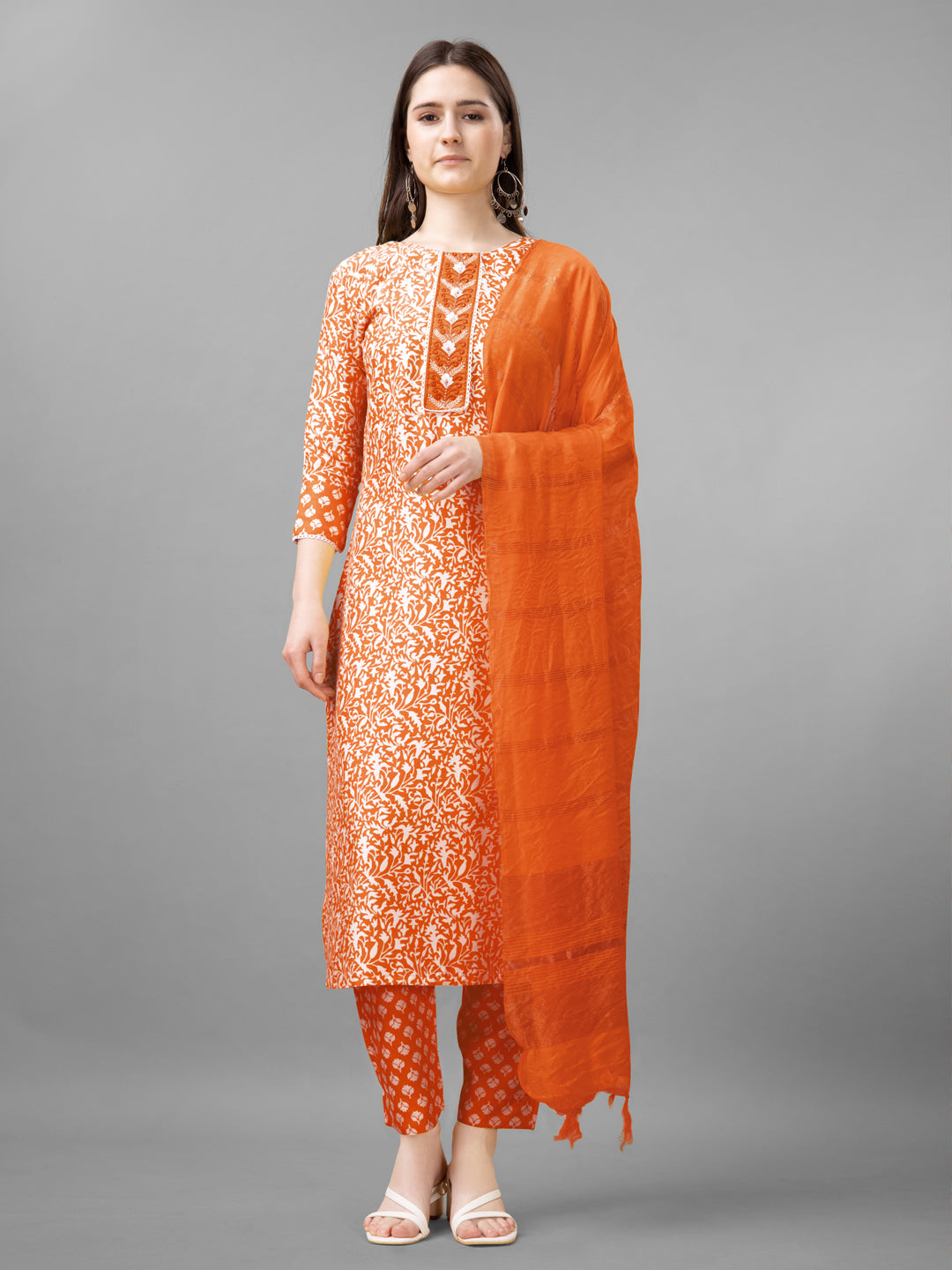 Women Rayon Embroidery Work Stitched Orange Kurti Set With Silk Blend Multicolor Dupatta