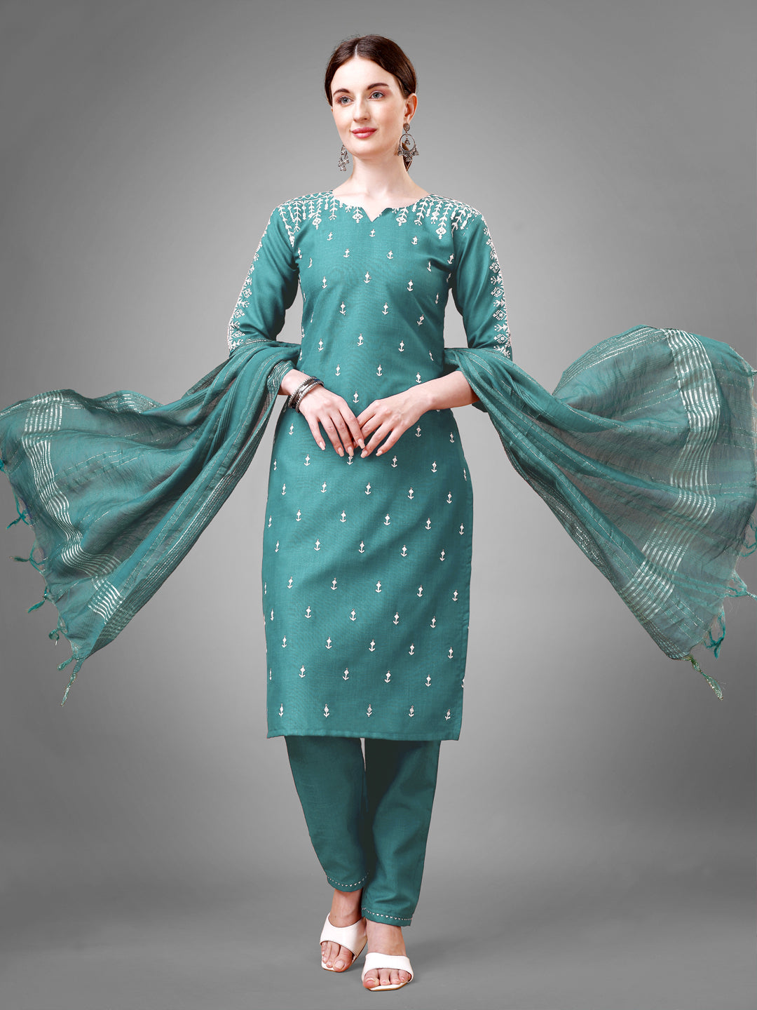 Women Cotton Blend Embroidery Work Stitched Teal Kurti Set With Silk Blend Multicolor Dupatta