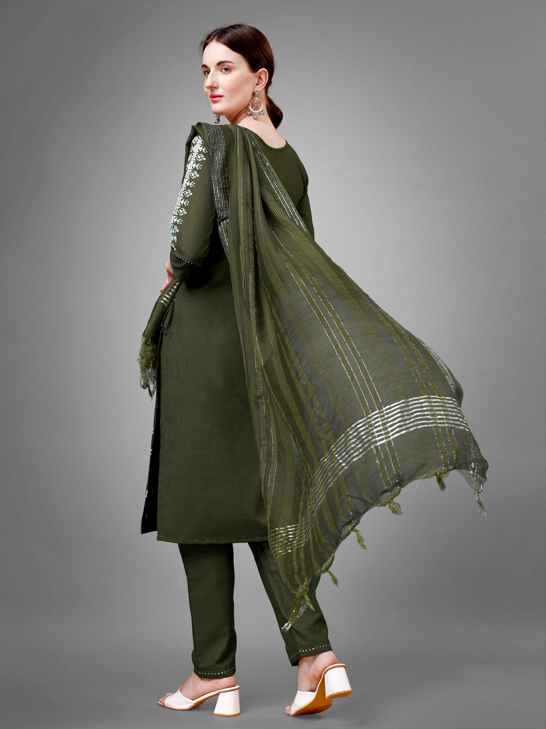 Women Cotton Blend Embroidery Work Stitched Dark Green Kurti Set With Silk Blend Multicolor Dupatta