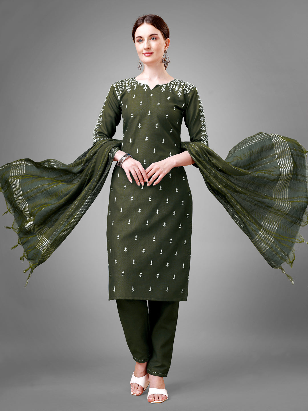 Women Cotton Blend Embroidery Work Stitched Dark Green Kurti Set With Silk Blend Multicolor Dupatta