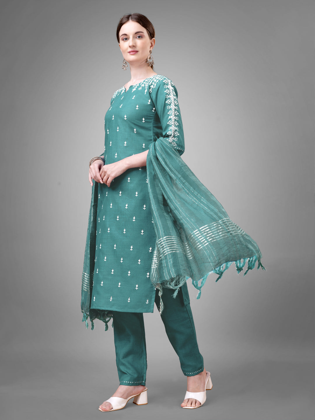 Women Cotton Blend Embroidery Work Stitched Teal Kurti Set With Silk Blend Multicolor Dupatta