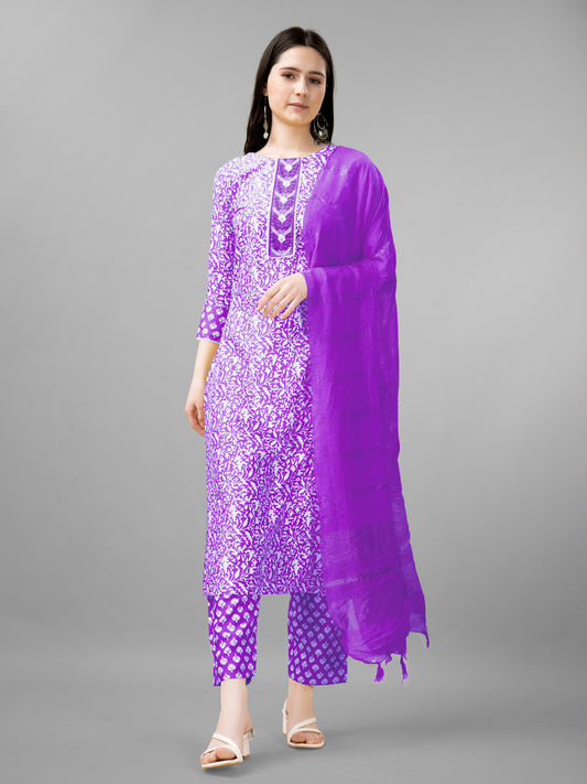 Women Rayon Embroidery Work Stitched Purple Kurti Set With Silk Blend Multicolor Dupatta