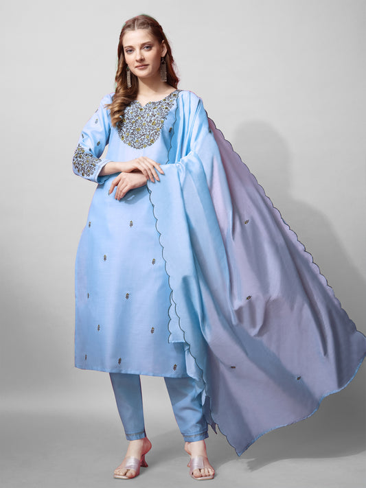 Women Cotton Blend Embroidery Work Stitched Sky Blue Kurti Set With Silk Blend Multicolor Dupatta