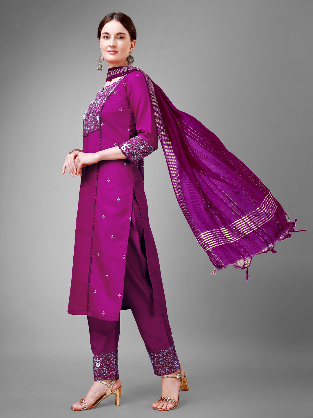 Women Cotton Blend Embroidery Work Stitched Purple Kurti Set With Silk Blend Multicolor Dupatta