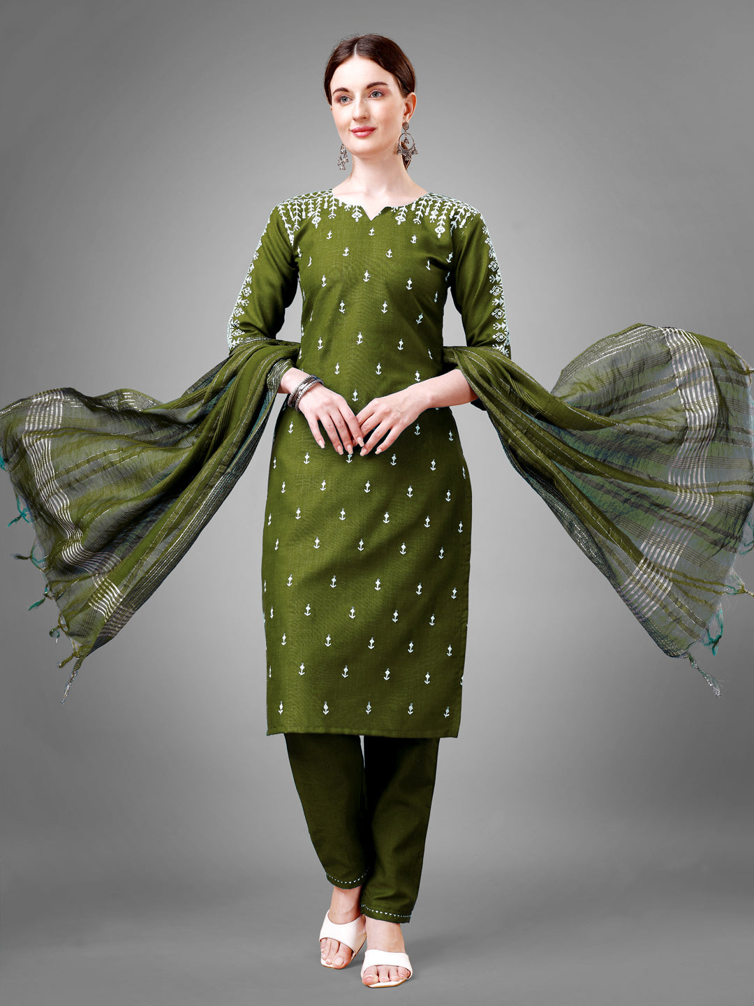 Women Cotton Blend Embroidery Work Stitched Mehendi Kurti Set With Silk Blend Multicolor Dupatta